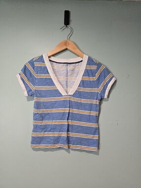 Anthropologie PILCRO Plunge babydoll Ringer T-Shirt Women's Size XS Blue Striped